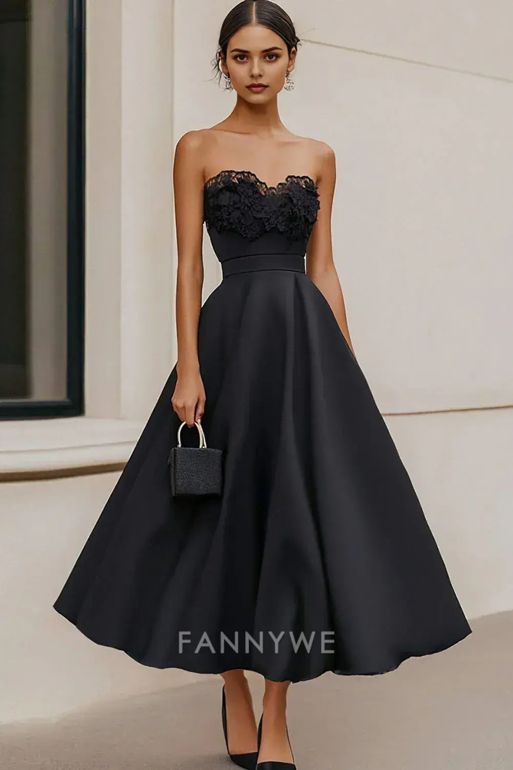 FannyWe Simple Black Strapless A Line Long Satin Formal Dress with Lace
